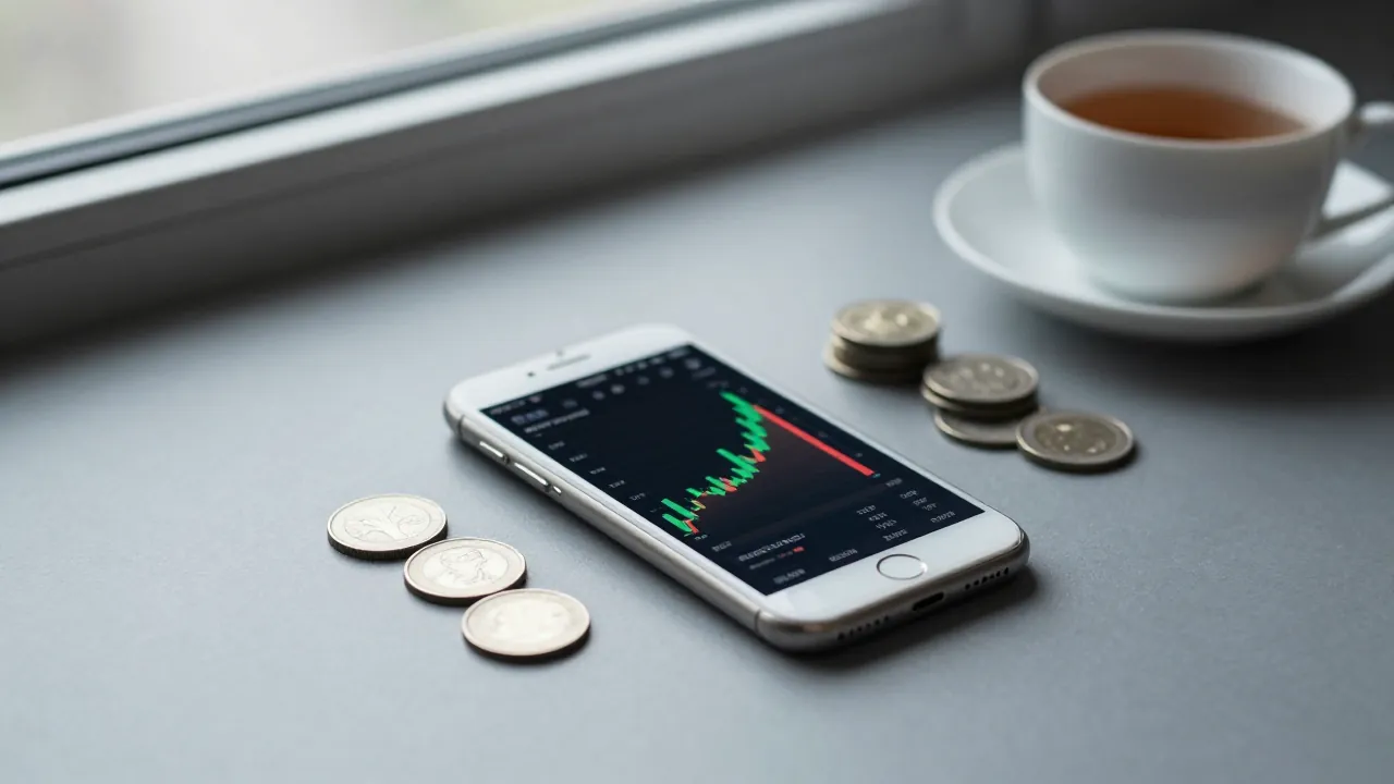 Смартфон с биржевым стаканом и монеты: торговля валютой на бирже